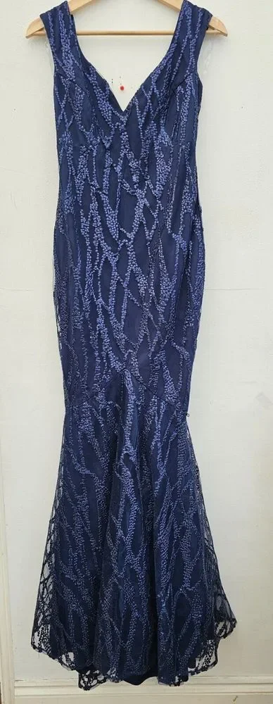 Goddiva navy Sequin Long Maxi Evening Dress Ballgown Prom Party size 8uk - Picture 2 of 3
